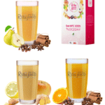 Zestaw świątecznych soków - w zestawie sok pieczona gruszka, zimowe jabłuszko, świąteczna pomarańcza w zestawie z kartonem