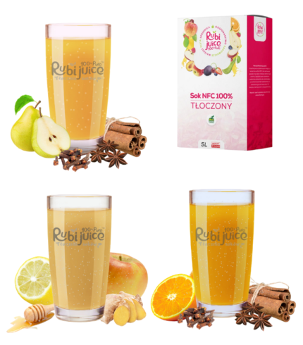 Zestaw świątecznych soków - w zestawie sok pieczona gruszka, zimowe jabłuszko, świąteczna pomarańcza w zestawie z kartonem